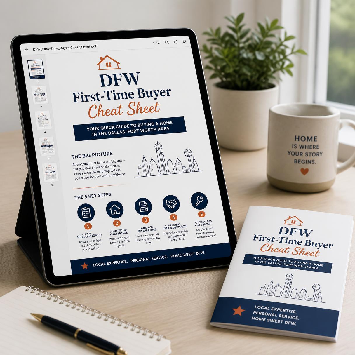 DFW First-Time Buyer Cheat Sheet shown on a tablet and printed booklet
